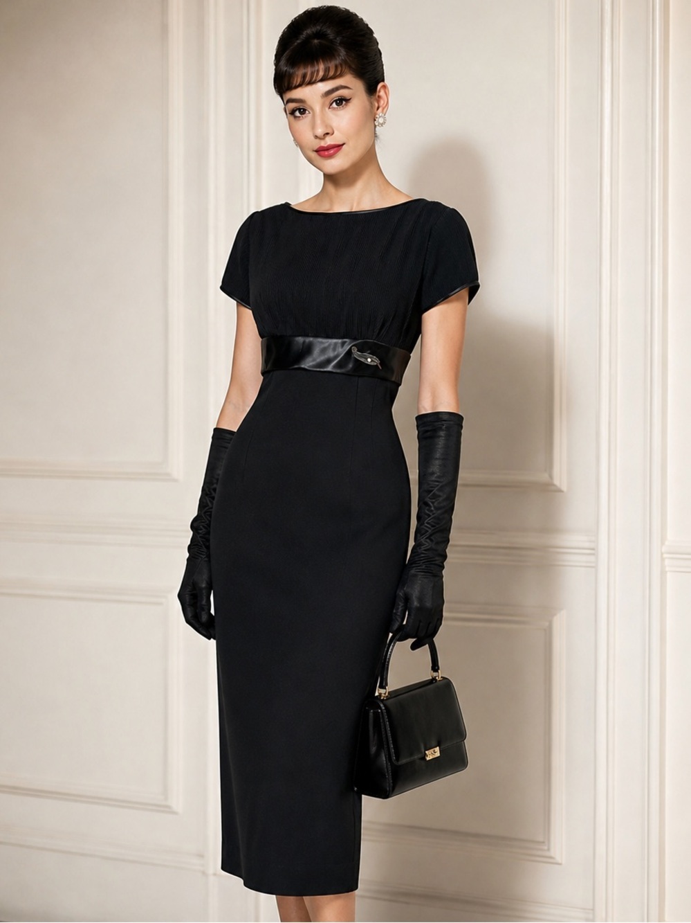 Vintage 50s Cocktail Pencil Black Sheath Dress Satin Bow Belt Midi Empire Small